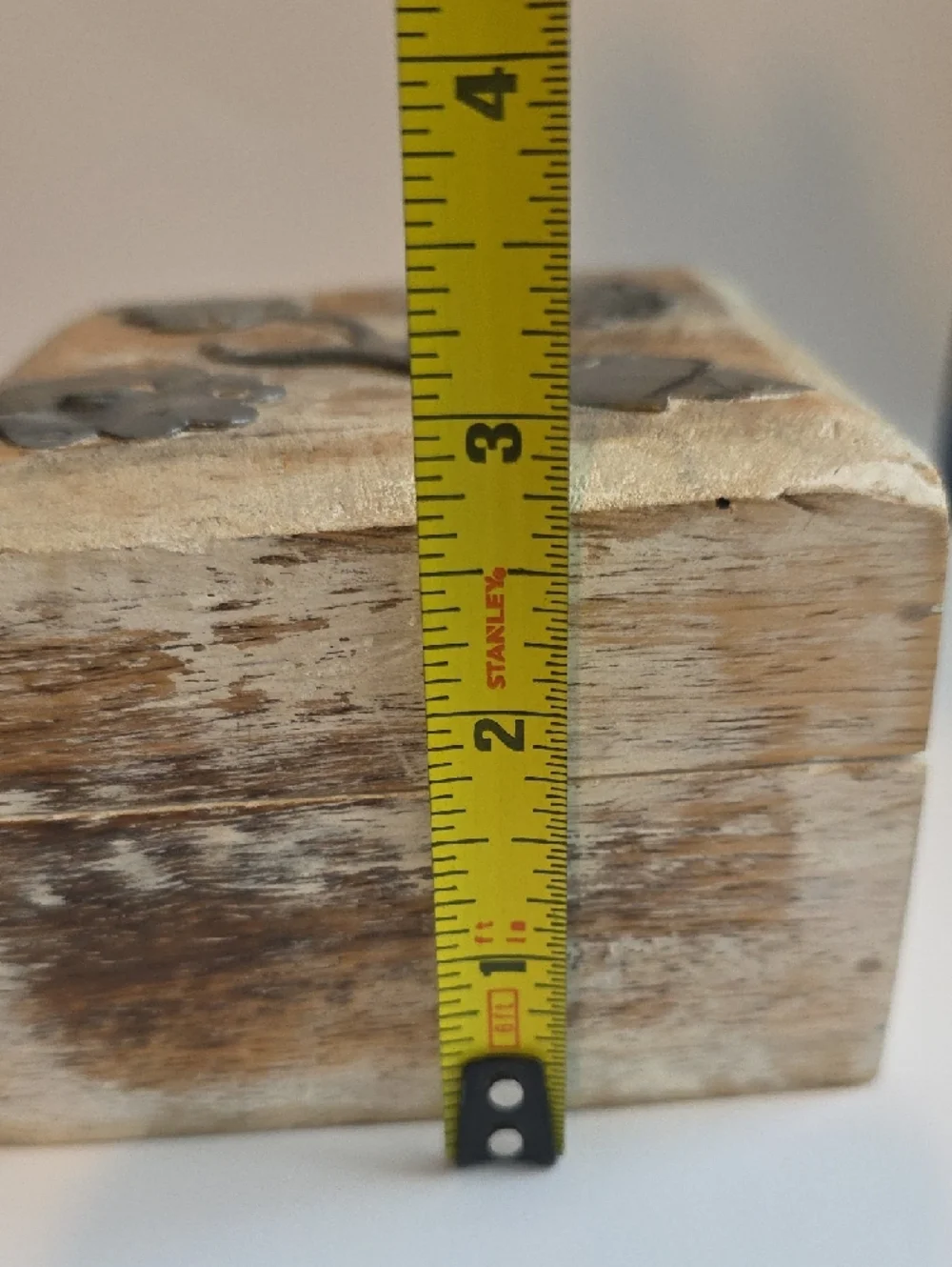 Distressed Whitewashed Wood Jewelry Box with Metal Floral Accents